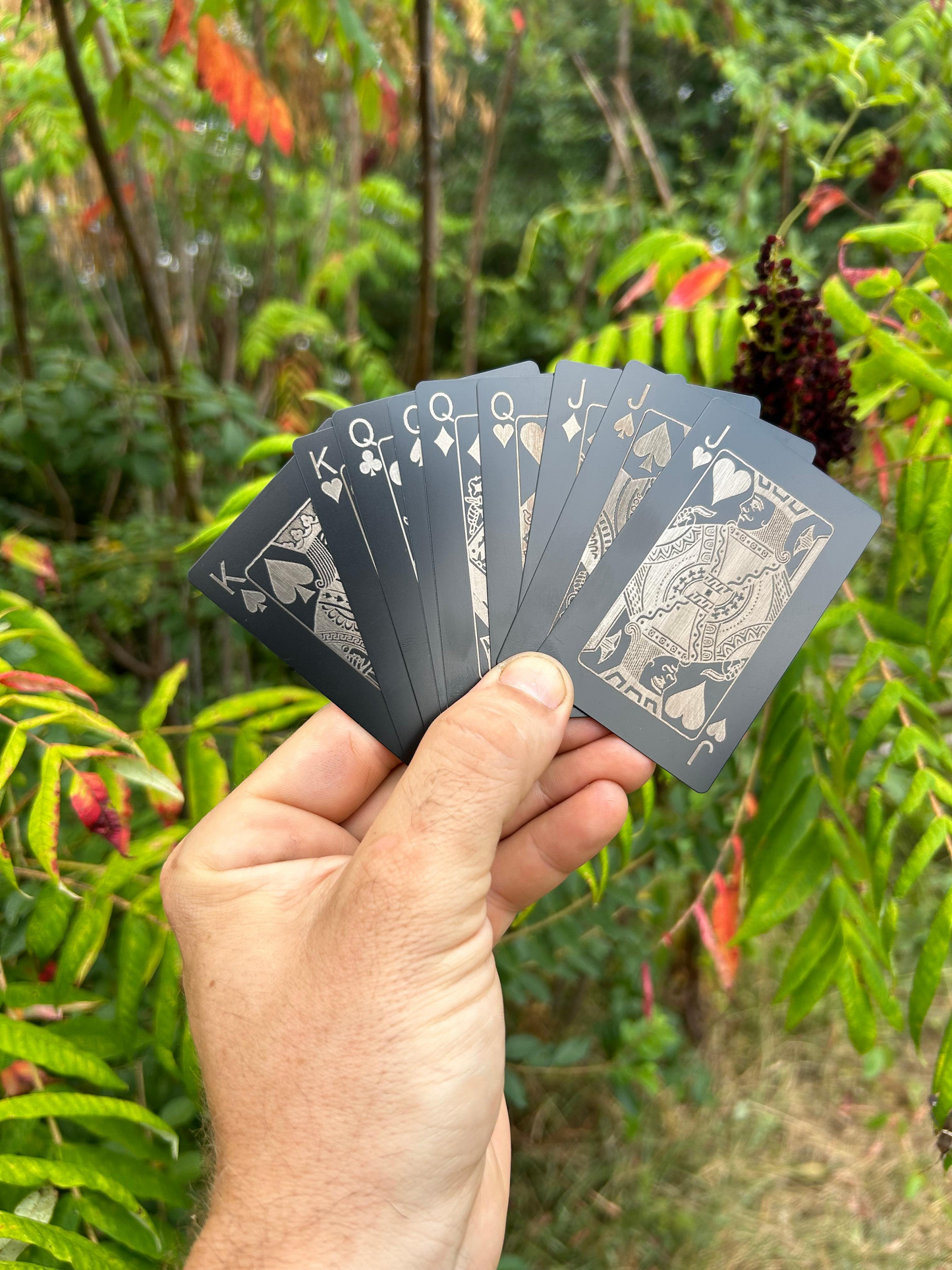 Hand holding a set of black playing cards with silver designs against a green, leafy background.