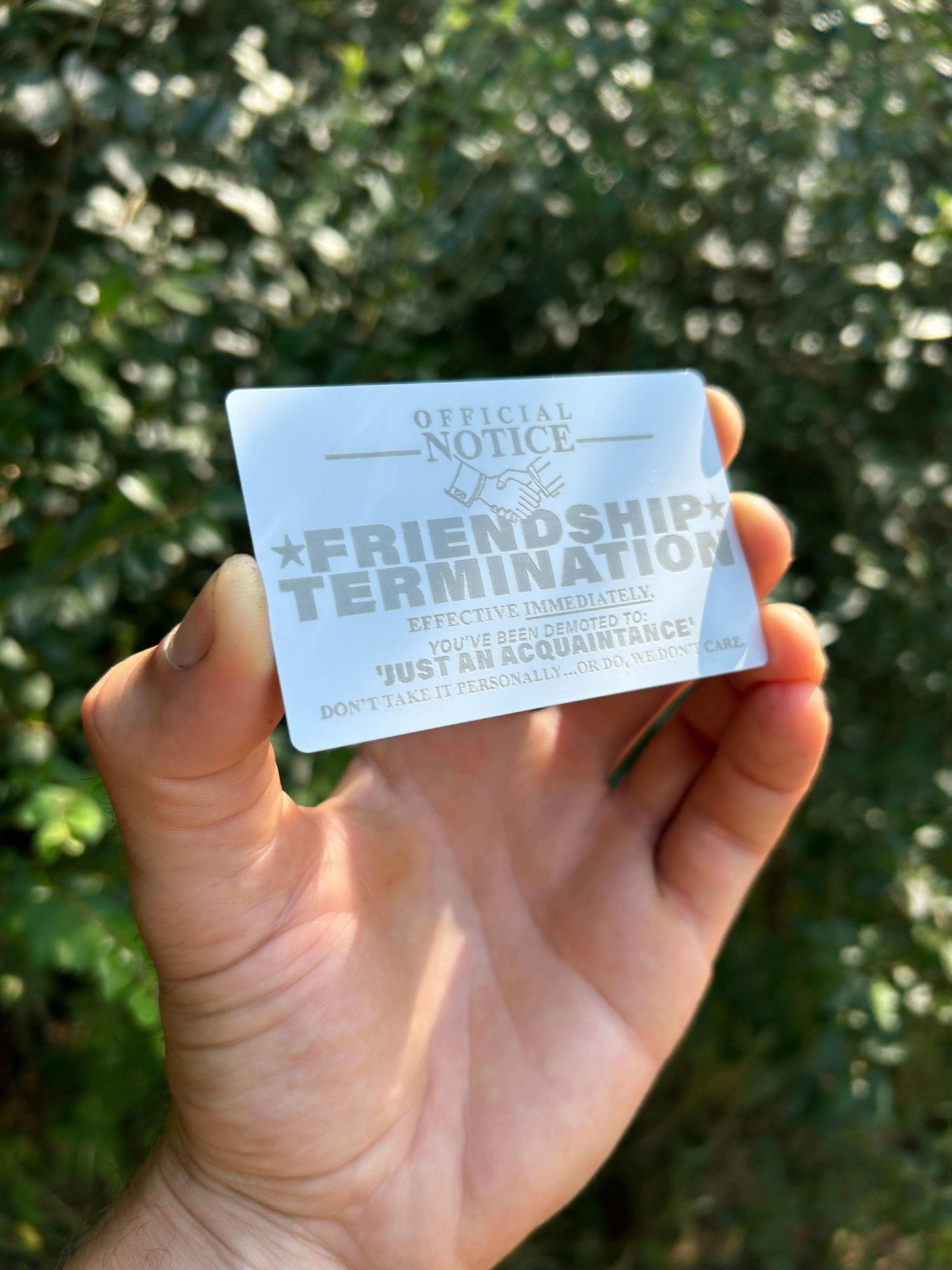 White/Silver metal friendship gift card, with sarcastic FRIENDSHIP TERMINATION engraved text, on a green background