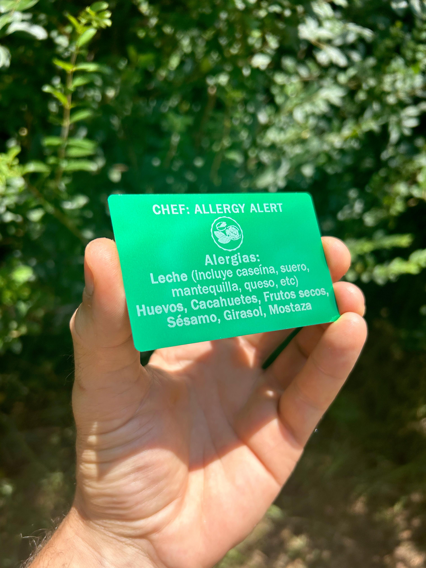 Hand holding a metal green/silver food allergy alert card with text in Spanish against a blurred green leafy background