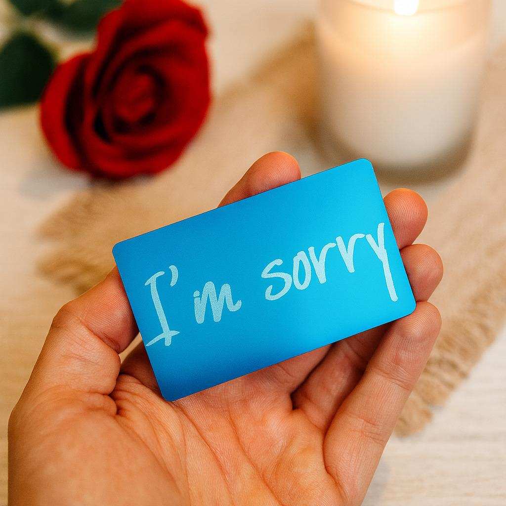 Hand holding a metal blue note card with 'I'm sorry' text, red rose in the background