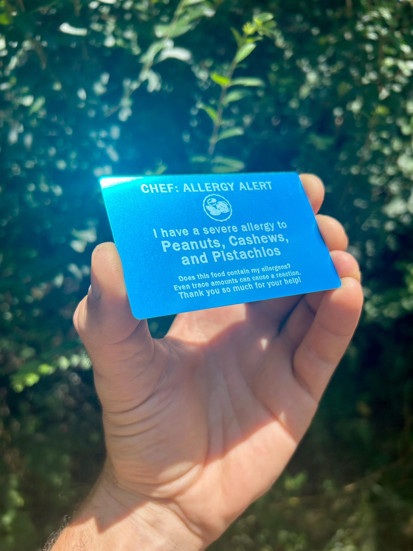Hand holding a blue allergy alert card in front of a green leafy background