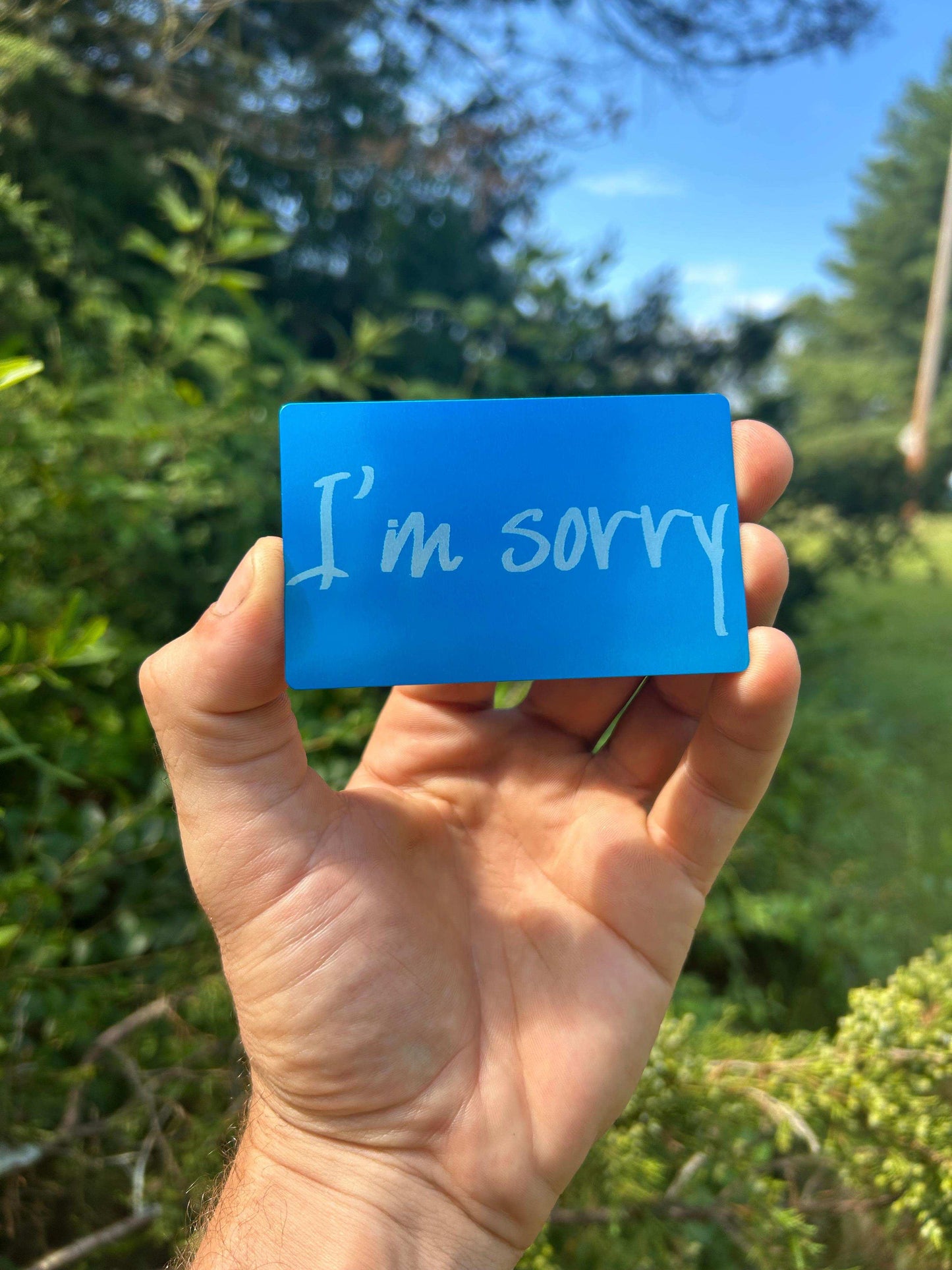 Hand holding a metal/silver laser engraved blue card with 'I'm sorry' gift card text against a green outdoor background