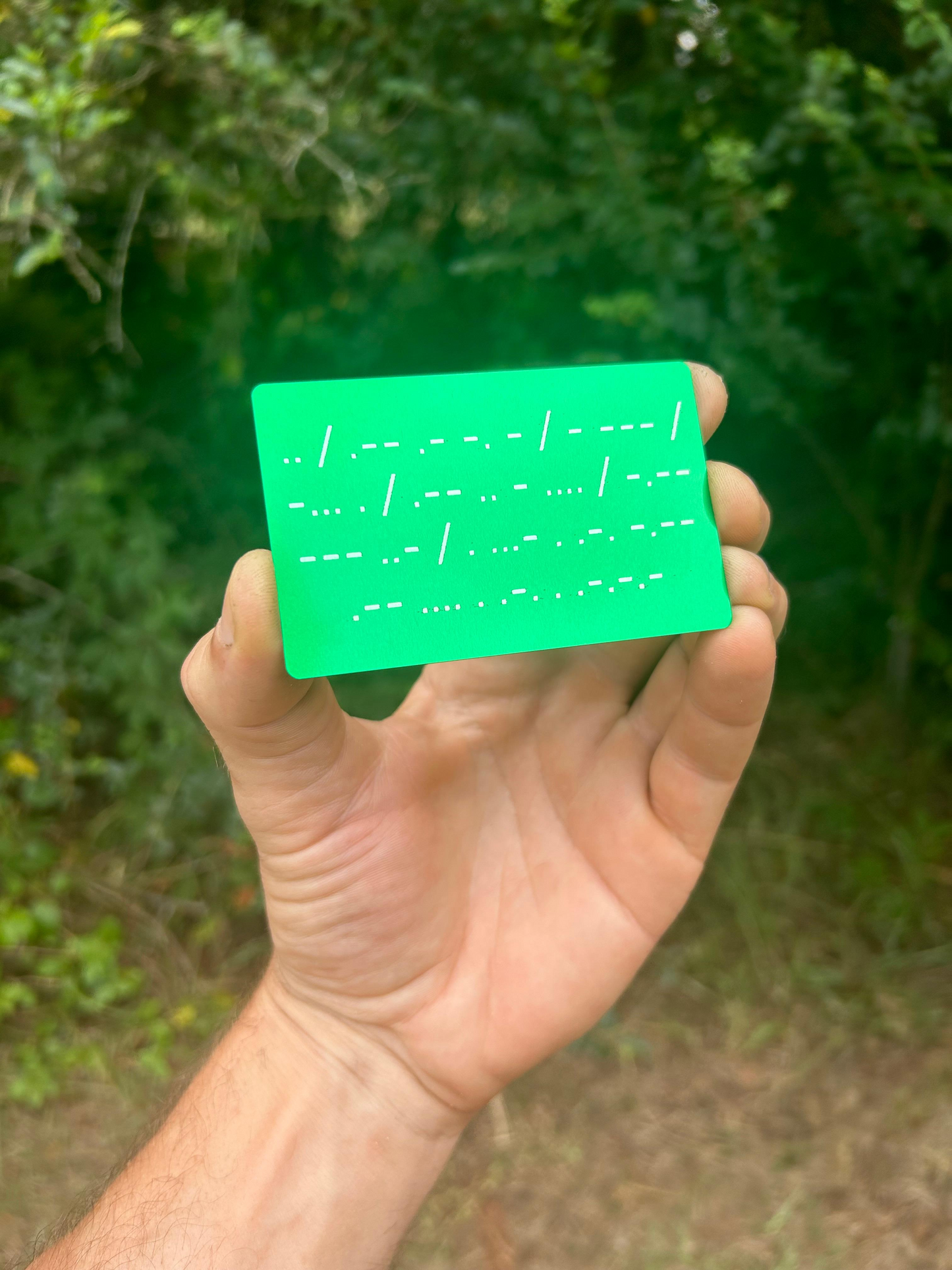 Hand holding a green card with text against a blurred natural background