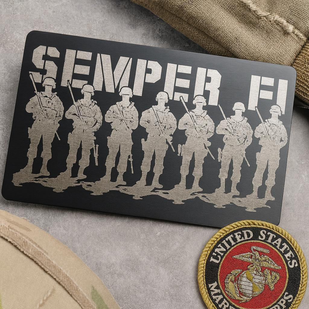 Metal plate with soldiers and 'Semper Fi' text on a gray surface with a U.S. Marine Corps emblem.
