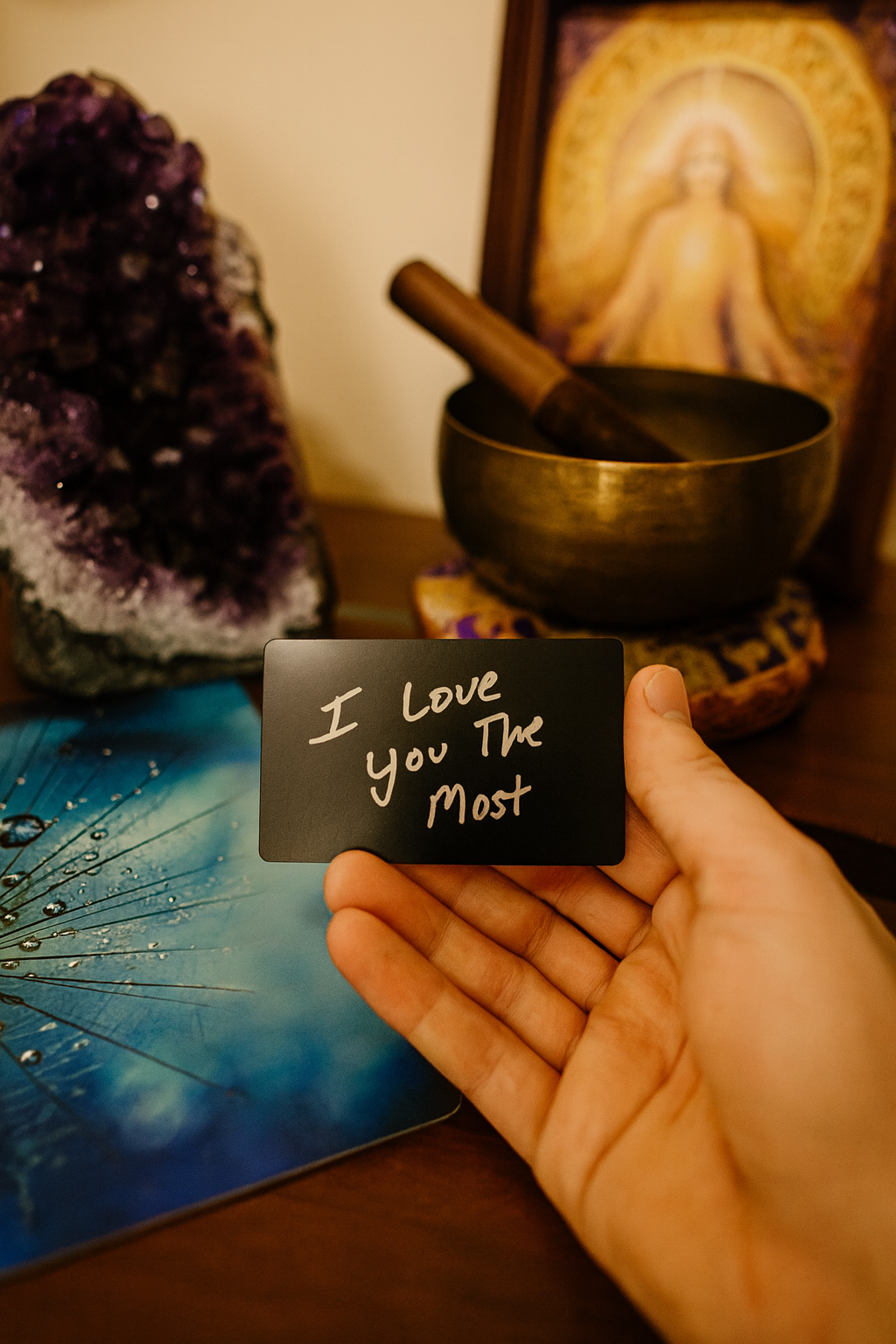 Hand holding a romantic keepsake gift card with 'I Love You The Most' text engraving in front of a meditation setup with crystals and a bowl.