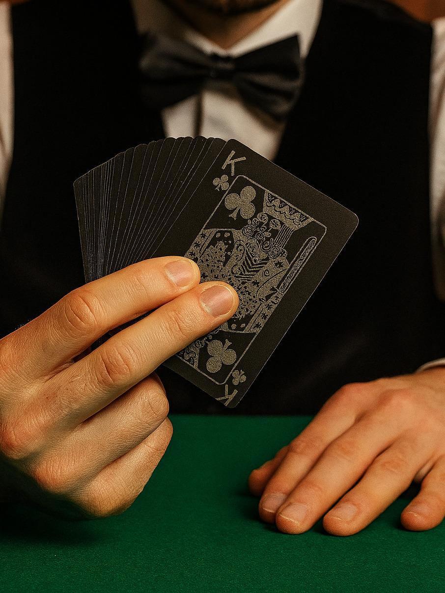 Person holding playing cards with a focus on the King of Clubs card.