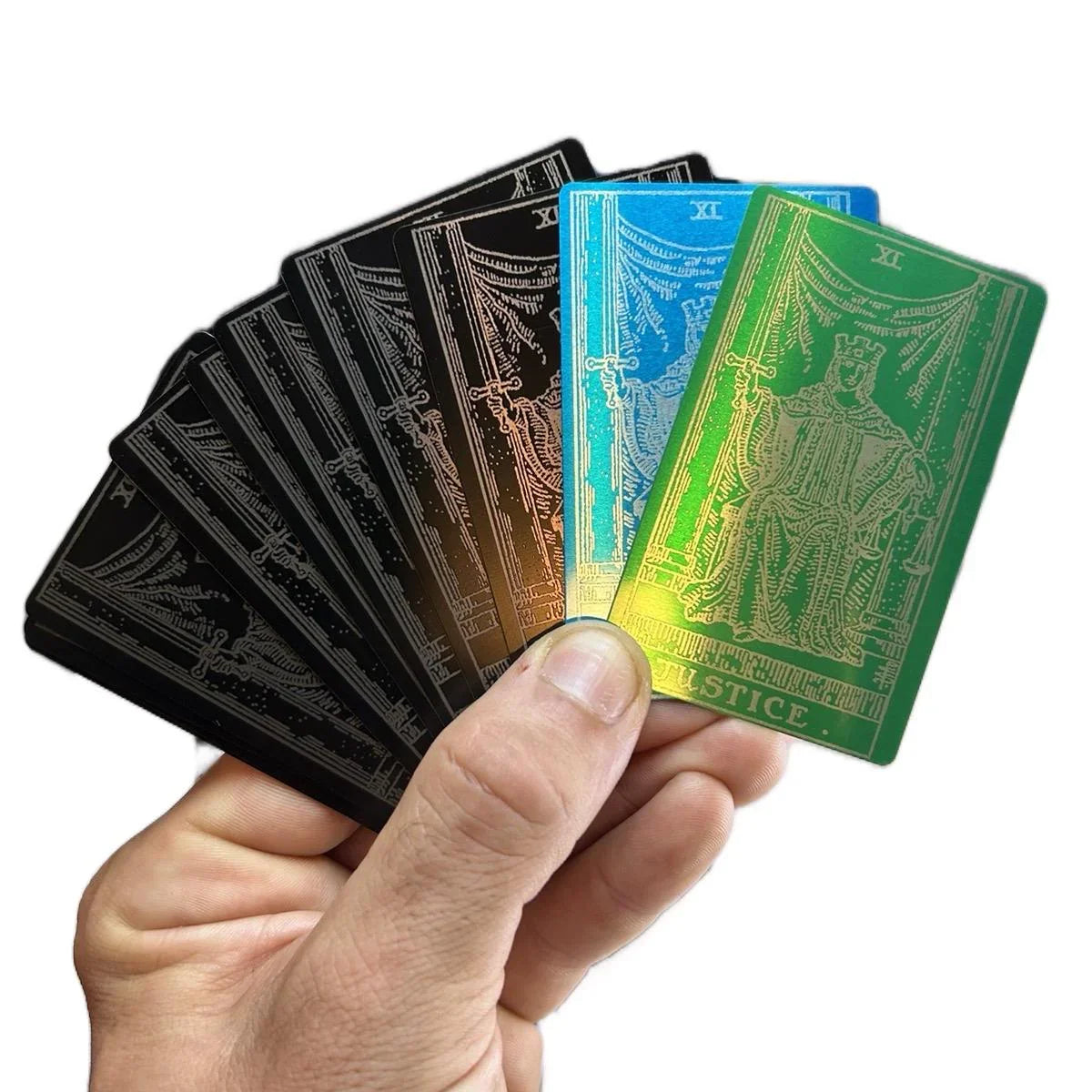 Complete Metal Tarot Card Deck – 78 Card Set Major & Minor Arcana – Laser Engraved Anodized Aluminum Tarot for Readers, Collectors & Gifts