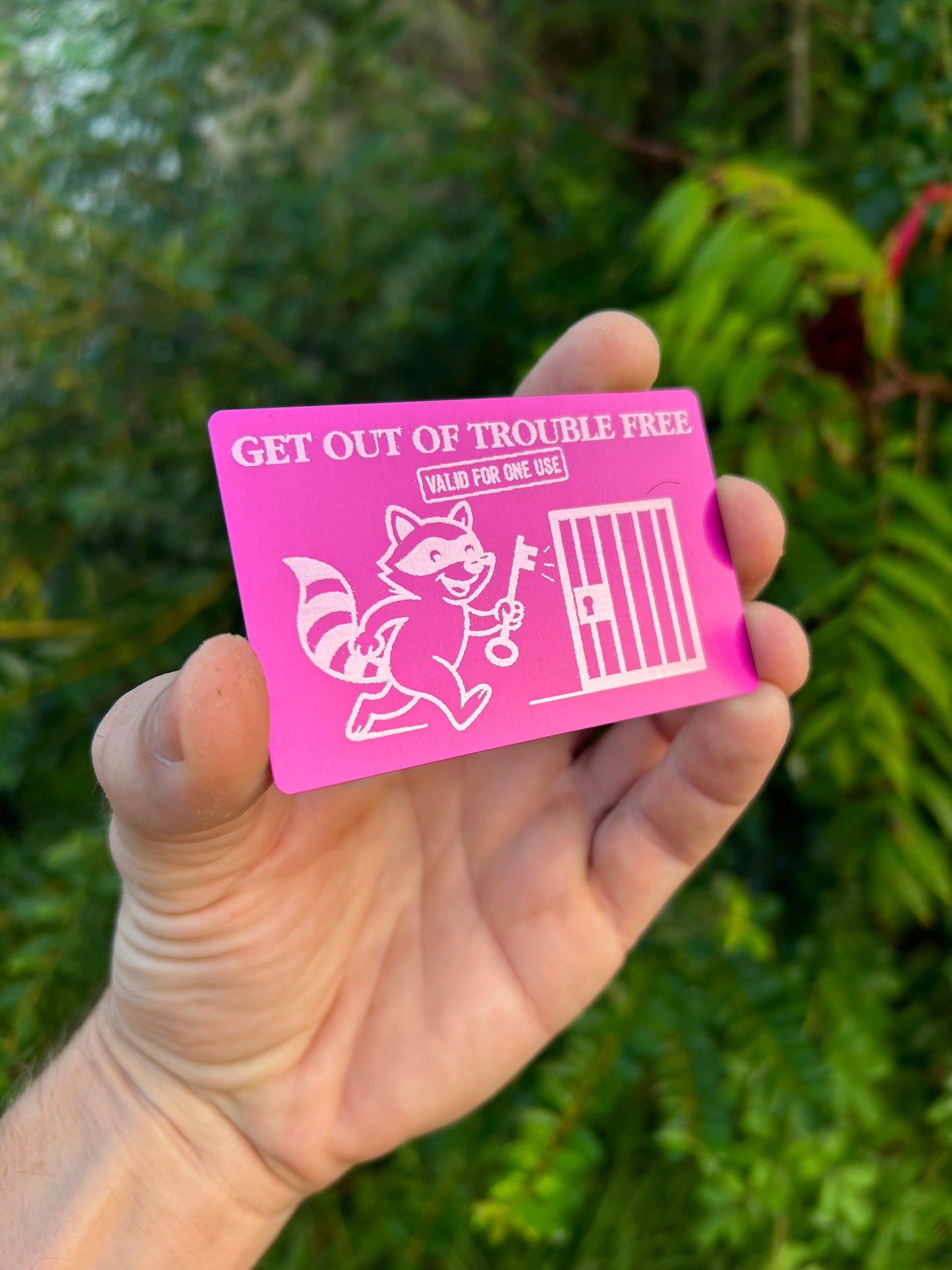 Hand holding a purple/silver metal laser engraved gift card with "get out of troble free, valid for one use" and racoon robber graphics against a green leafy background