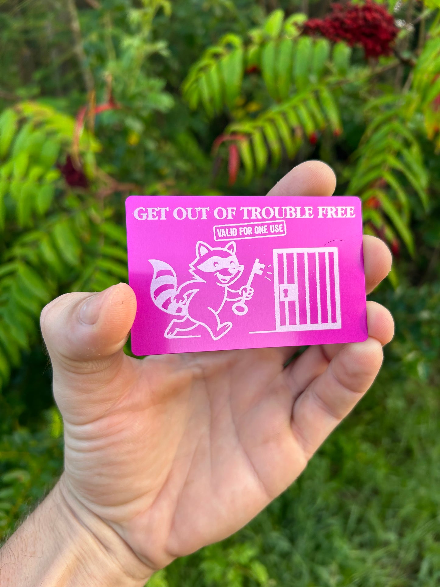 Hand holding a purple/silver metal card with funny trouble maker text and graphics against a green leafy background