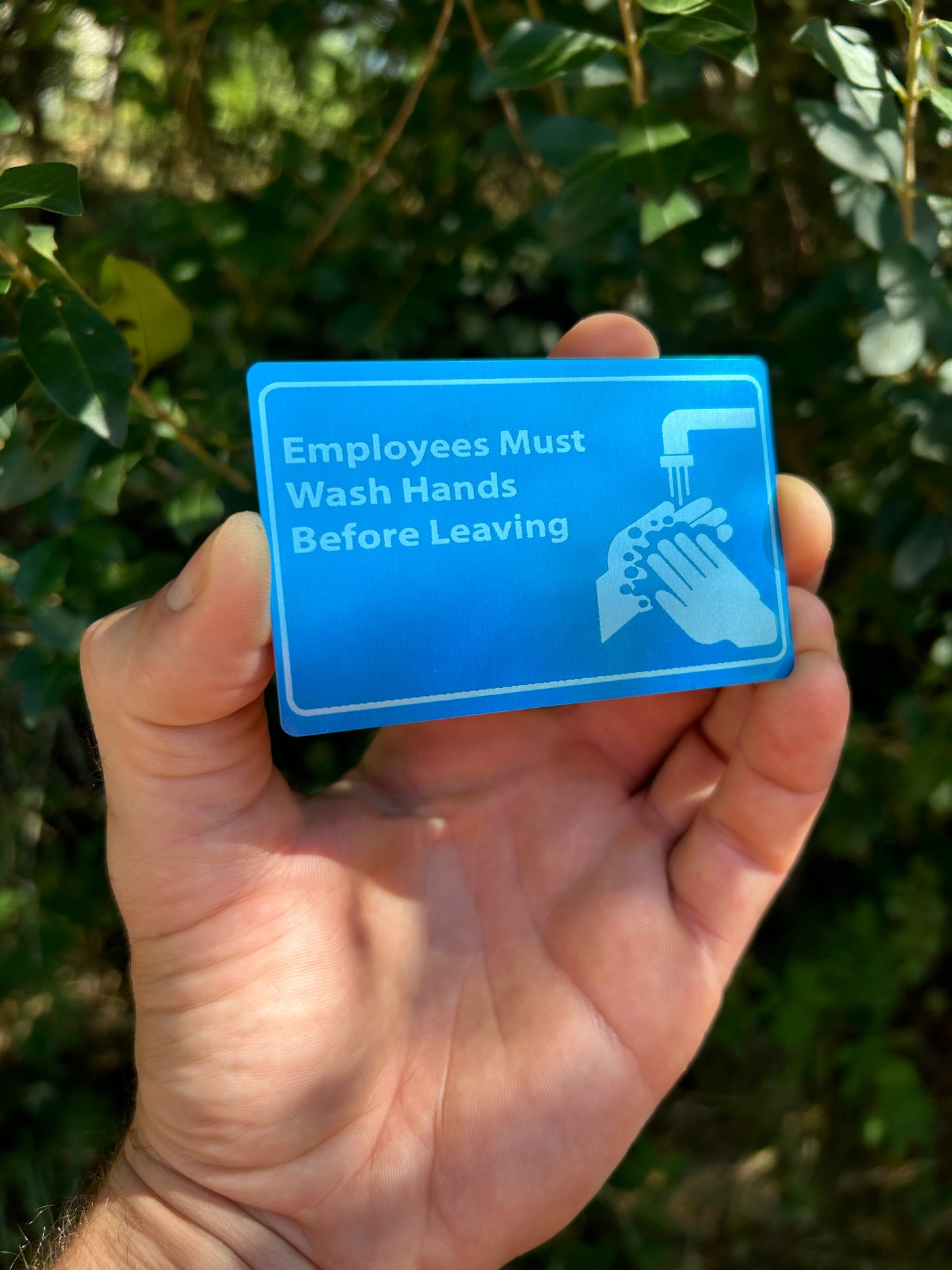 Hand holding a blue sign with text and a handwashing icon against a green leafy background