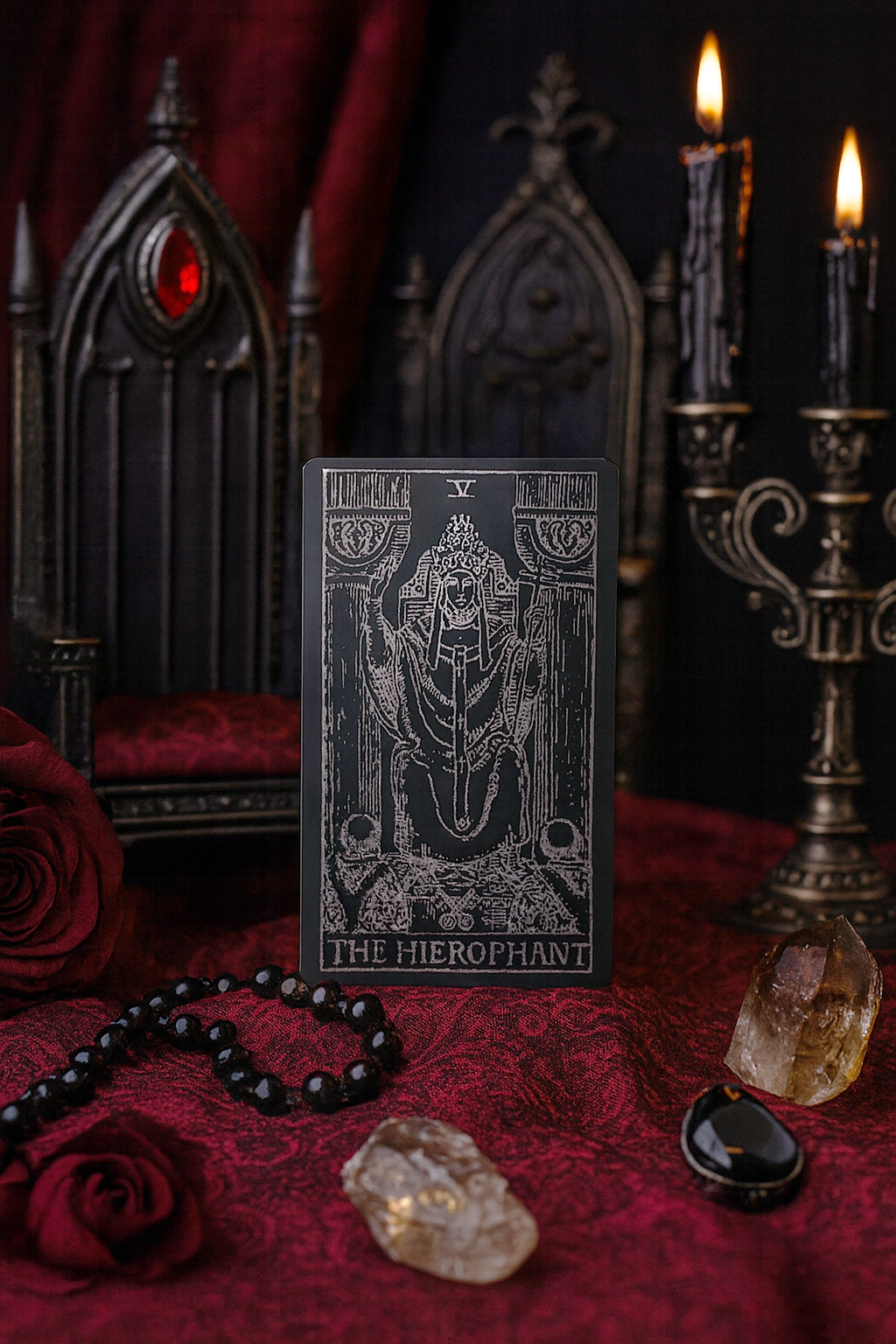 Metal laser engraved card titled 'The Hierophant' on a red cloth with candles and crystals in the background