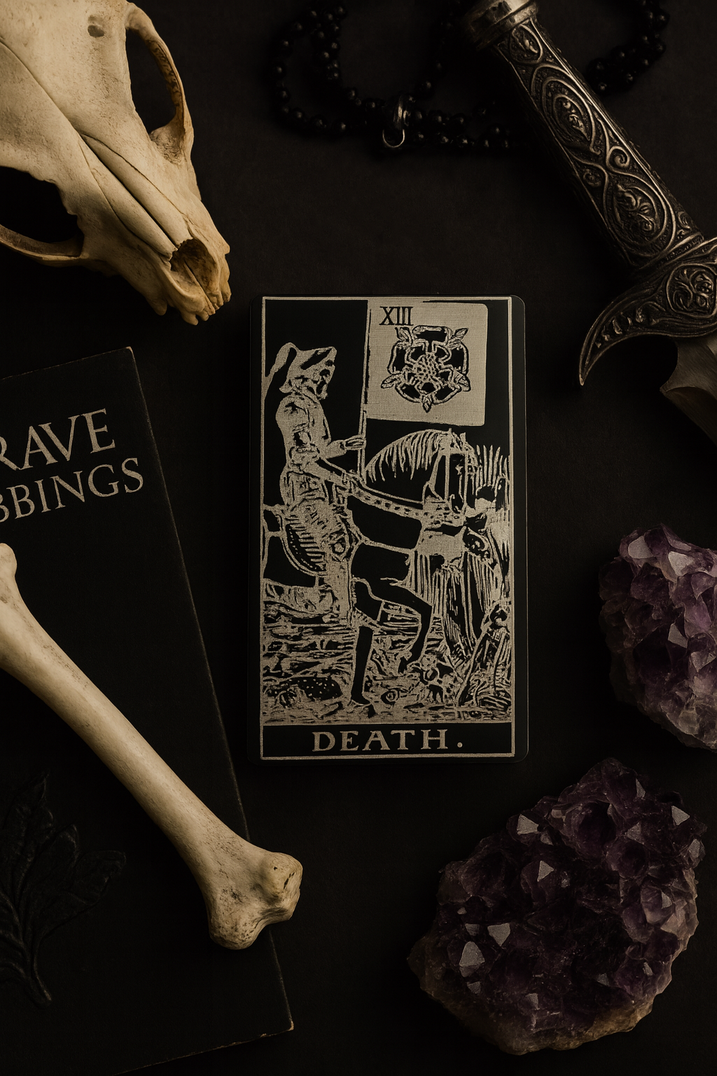 Metal black/silver Tarot card labeled 'Death' surrounded by a skull, dagger, and amethyst crystals on a dark surface.