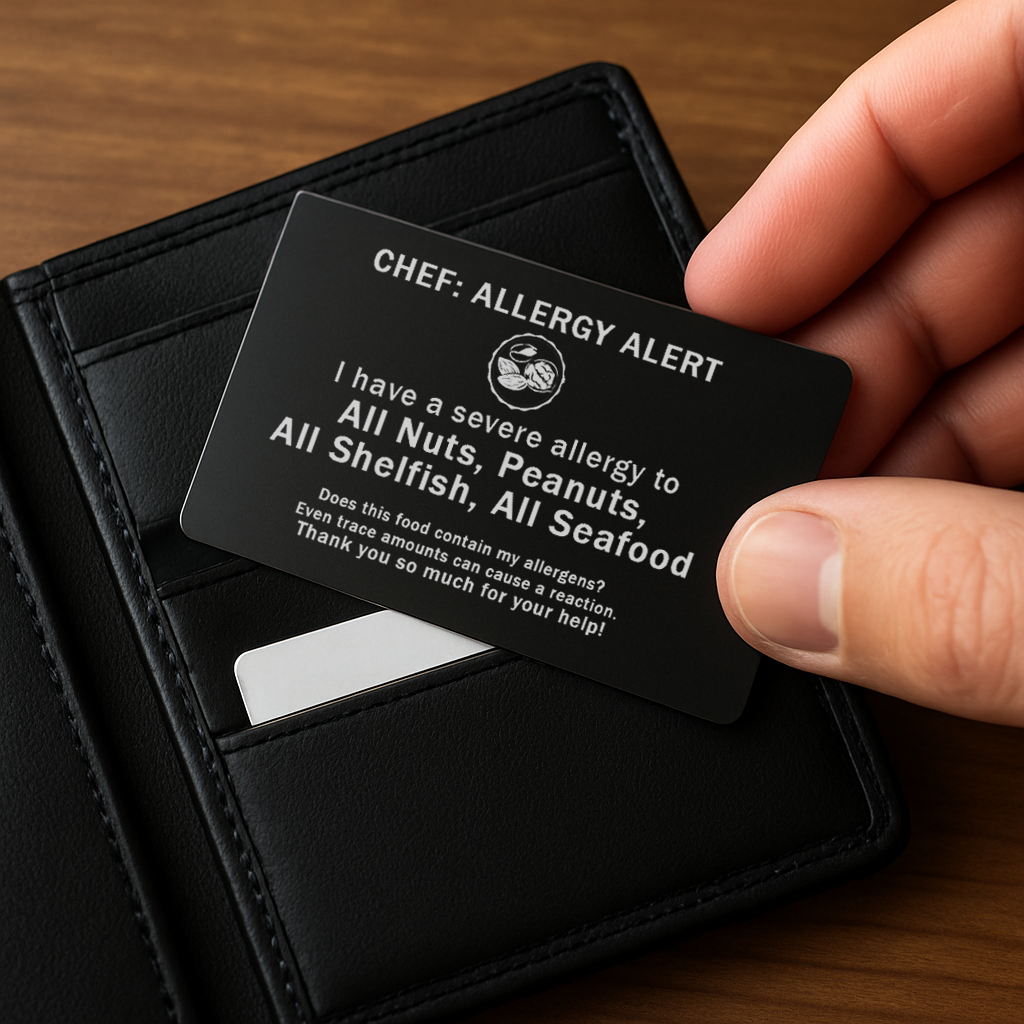 Hand holding a metal matte black/silver food allergy alert card with personalized text over a black wallet on a wooden surface