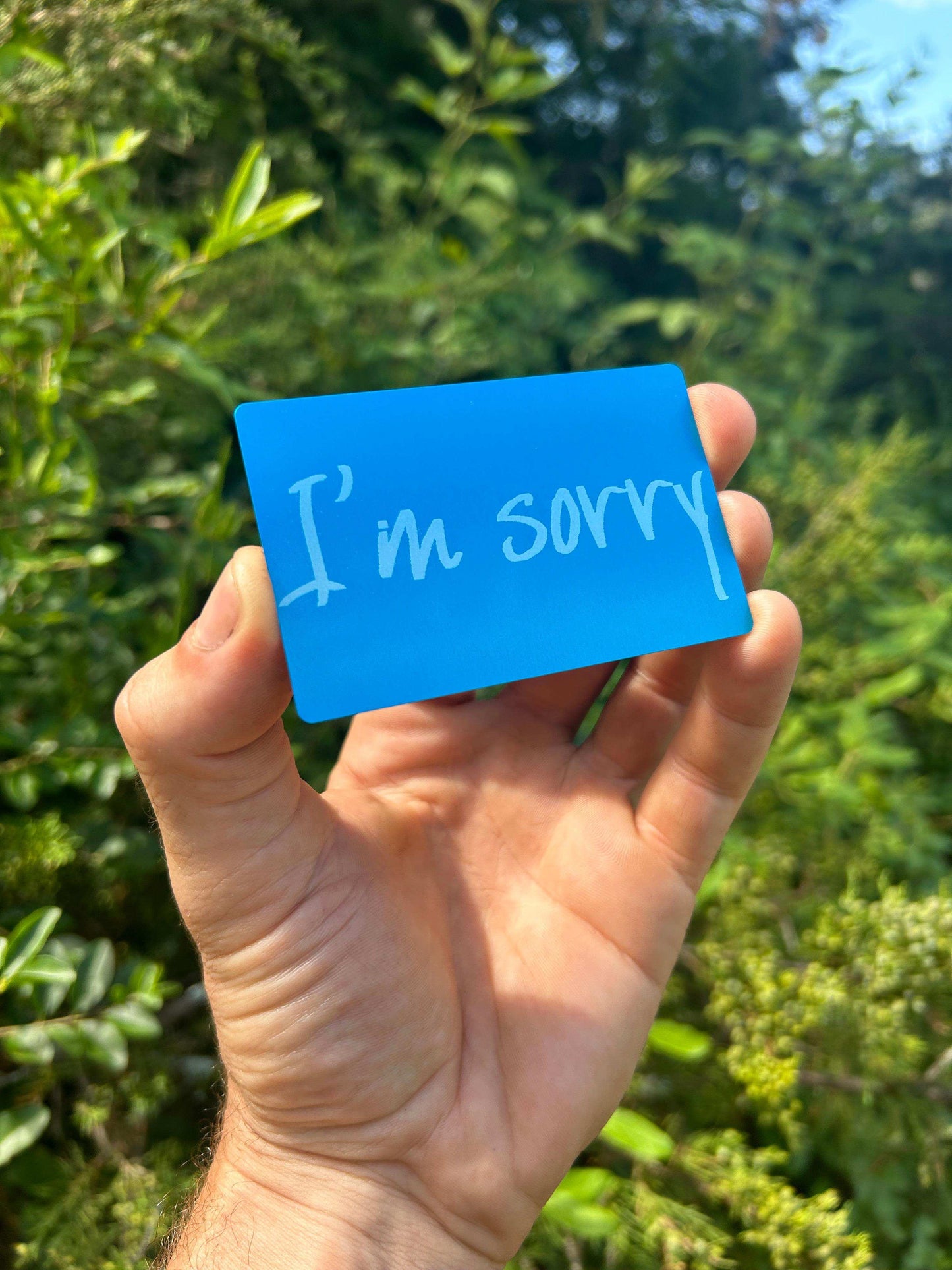 Hand holding a blue/silver metal wallet insert with 'I'm sorry' laser engraved text against a green background