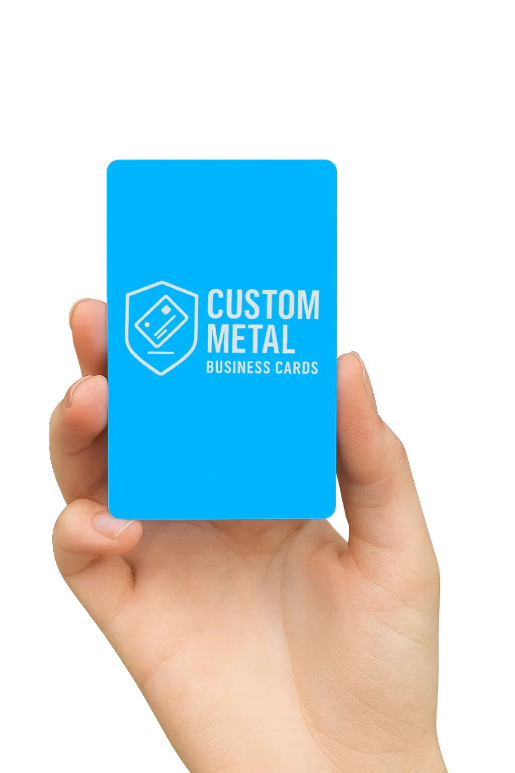 Hand holding a blue card with 'Custom Metal Business Cards' logo on a white background