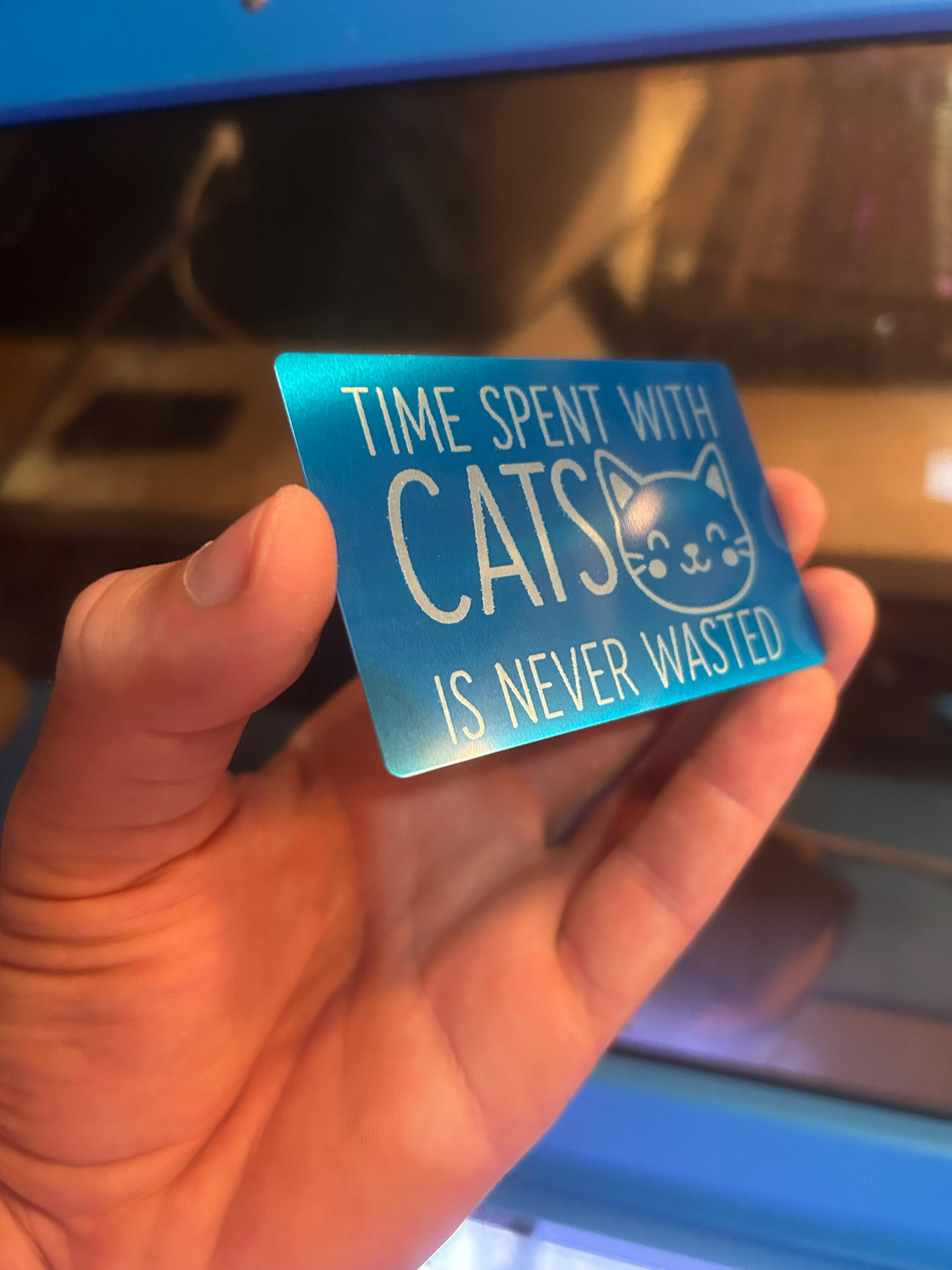 Hand presenting a metallic pet lover gift card engraved with “Time Spent With Cats Is Never Wasted” and cat graphic