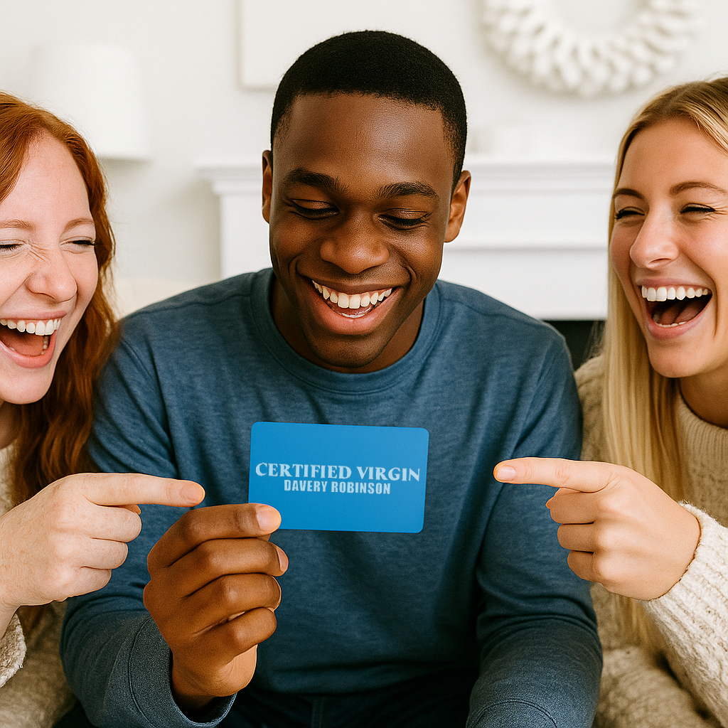 Demonstrating a gift giving moment -- Three people laughing and pointing at a blue metal Certified Virgin customized gift card with the recipient's name engraved