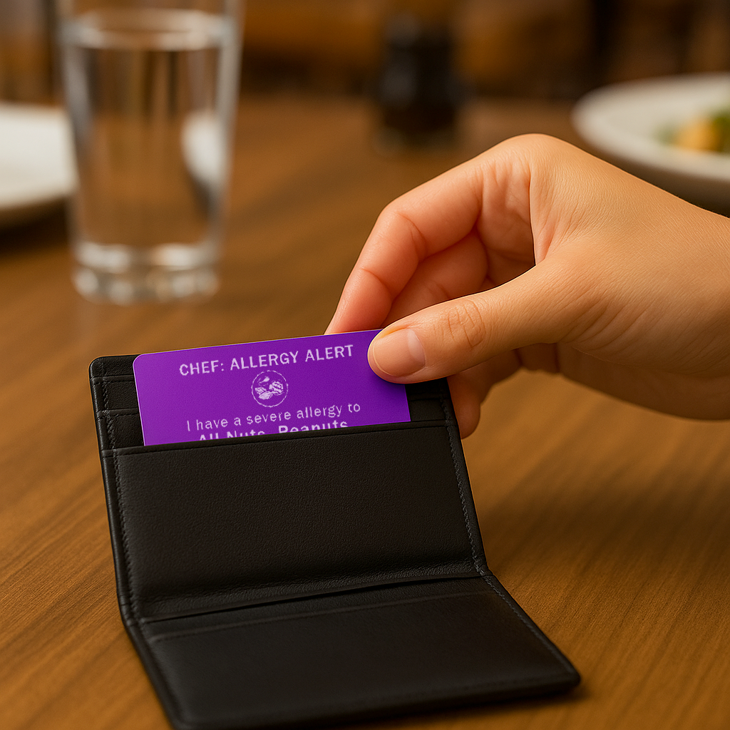 Hand holding a metal purple allergy alert card over a black wallet on a wooden table.