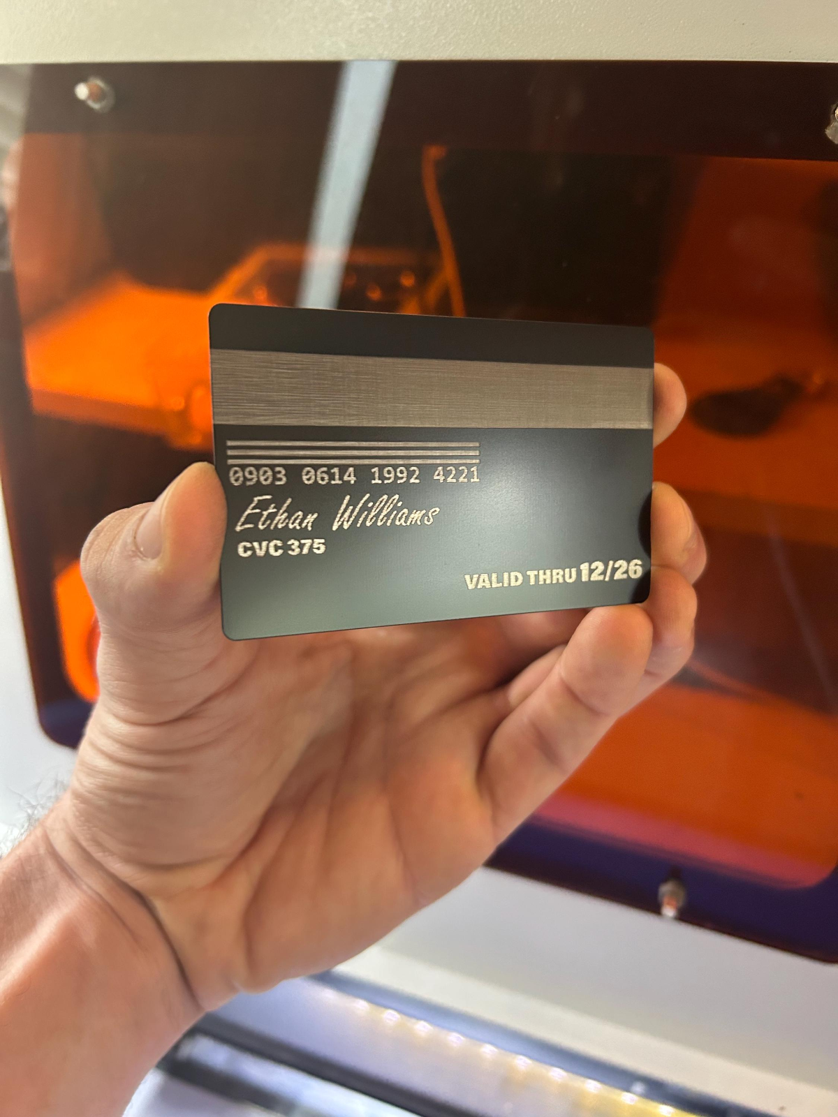 Metal black and silver gift card engraving