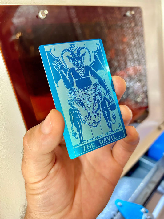 Metal The Devil tarot card laser engraved in blue/silver anodized aluminum