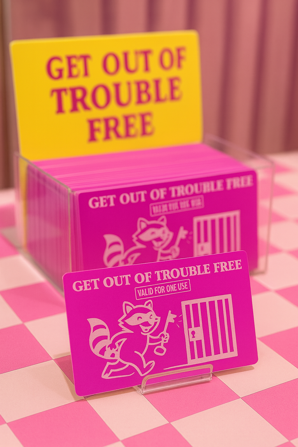 Rose gold and silver 'Get Out of Trouble Free' metal keepsake cards on a pink checkered background