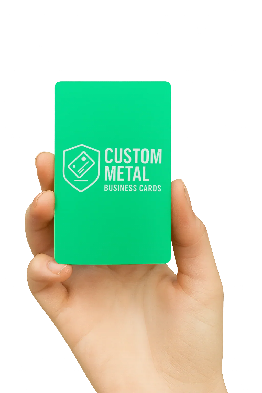 Hand holding a green card with 'Custom Metal Business Cards' text on a white background