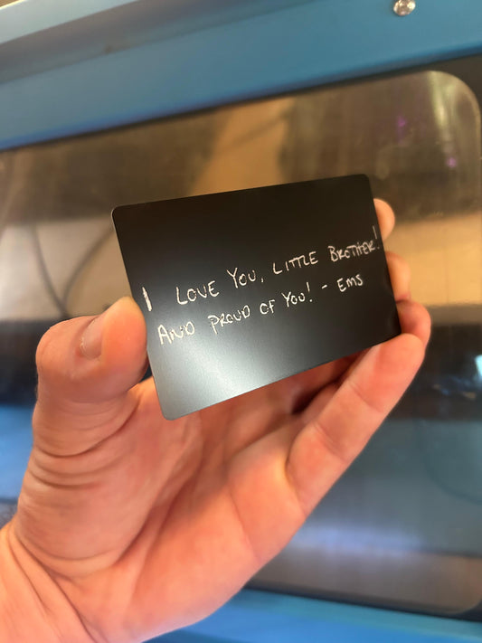 Metal "I love you, little brother! And proud of you!" handwritten note to laser engraved keepsake card
