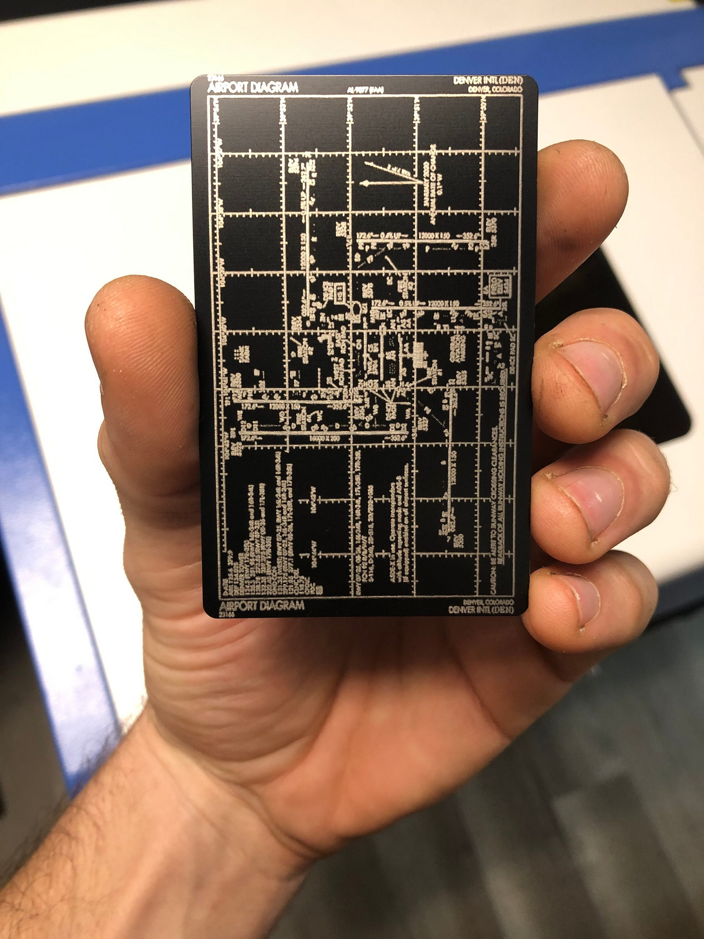 Hand holding a small black card with engraved text and diagrams.