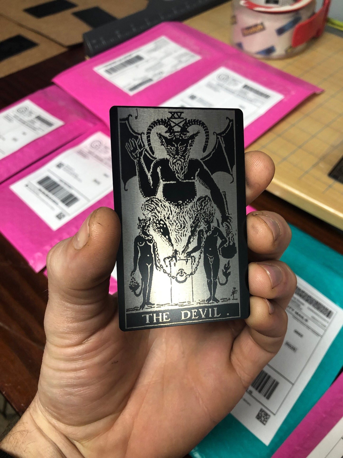 Metal "The Devil" Tarot Card Laser Engraved Keepsake | Surreal Spiritual Divination Tools Spooky Gift Card