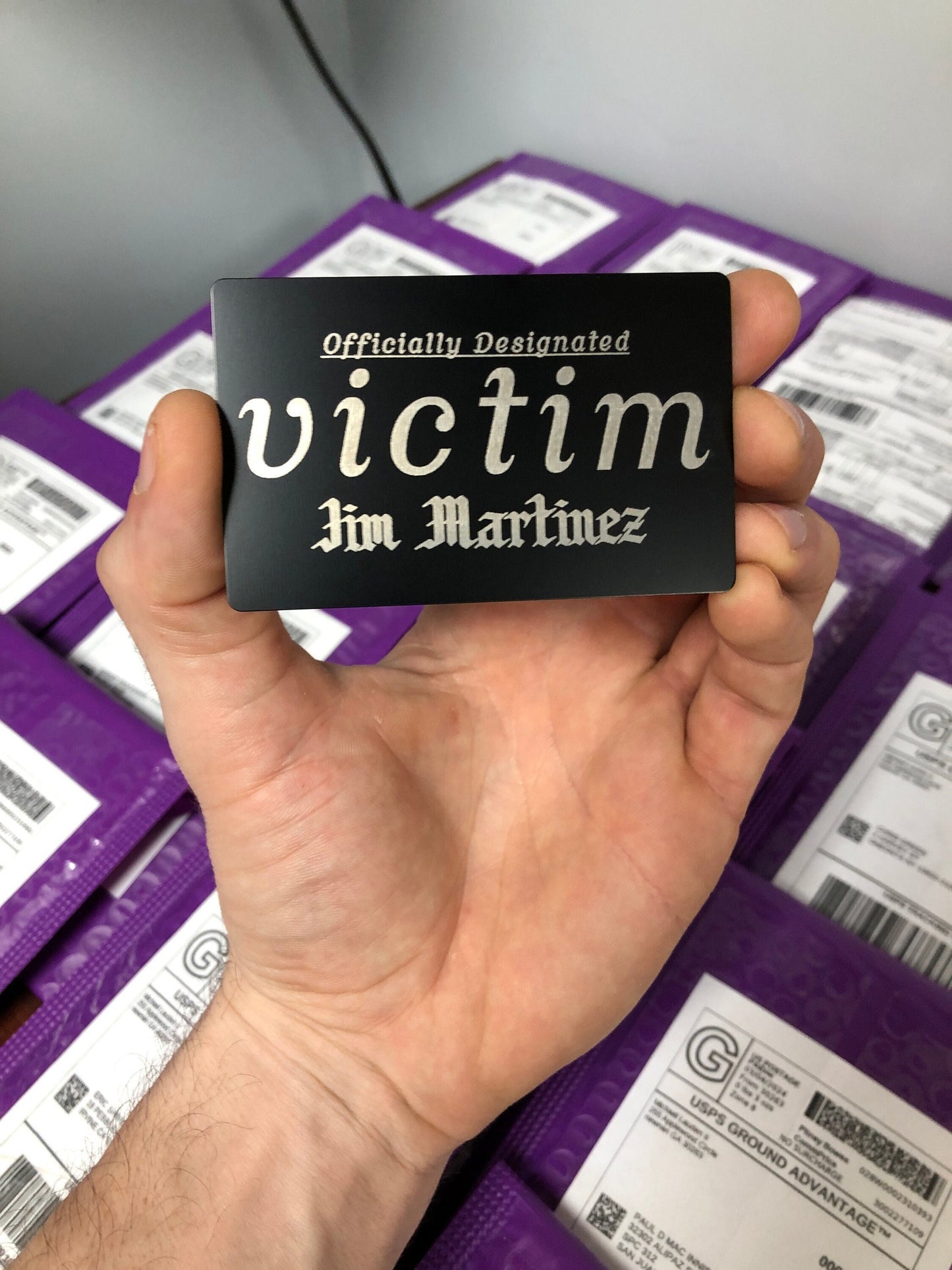 Officially Designated Victim™ Card – Sarcastic Metal Gag Gift Card *Your Name Here*