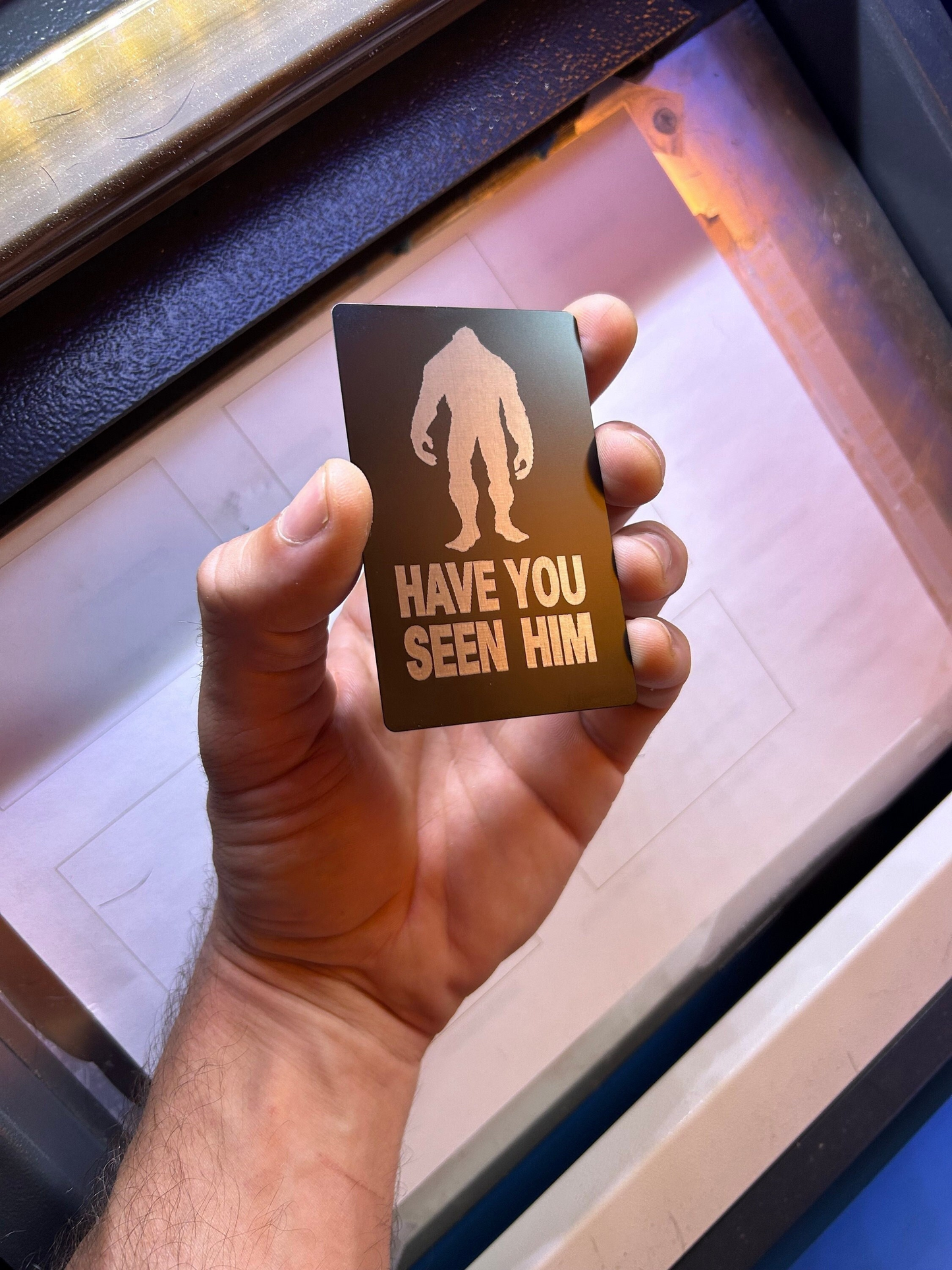 Hand holding a metallic card with Bigfoot design and text 'Have You Seen Him' in a windowed display case.