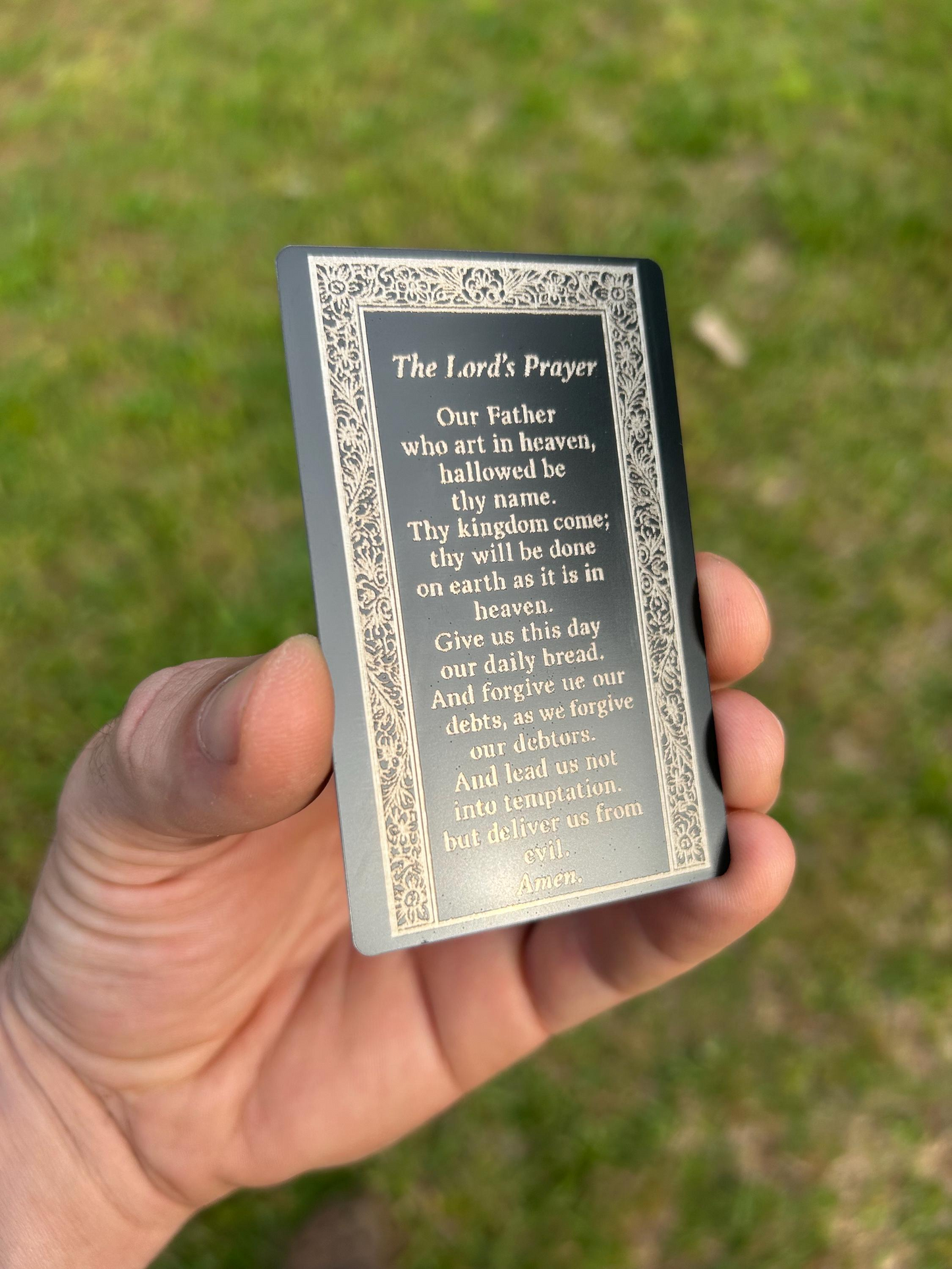 Inspirational engraved metal prayer card – The Lord’s Prayer design with display case, black and silver anodized aluminum