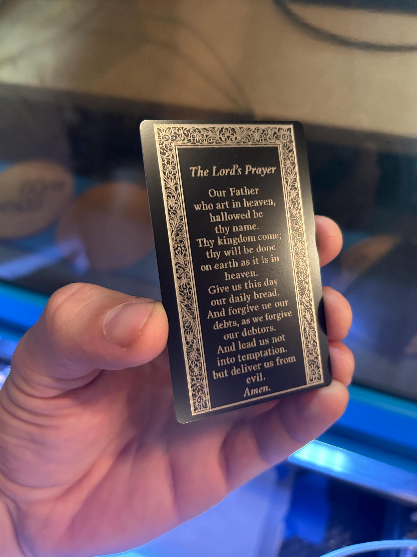 Side angle of engraved anodized aluminum prayer card – The Lord’s Prayer scripture text
