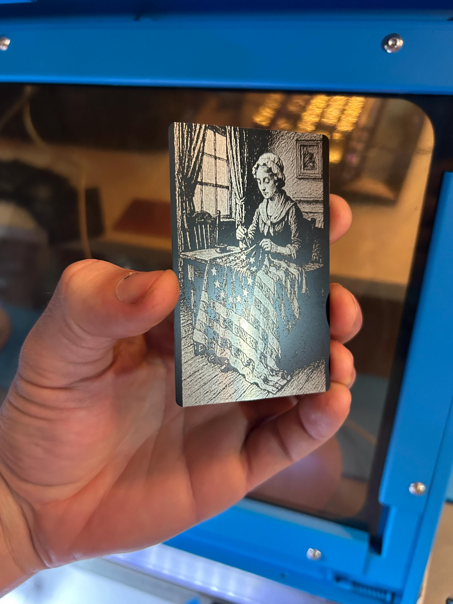 hand holding laser engraved keepsake american history betsy ross