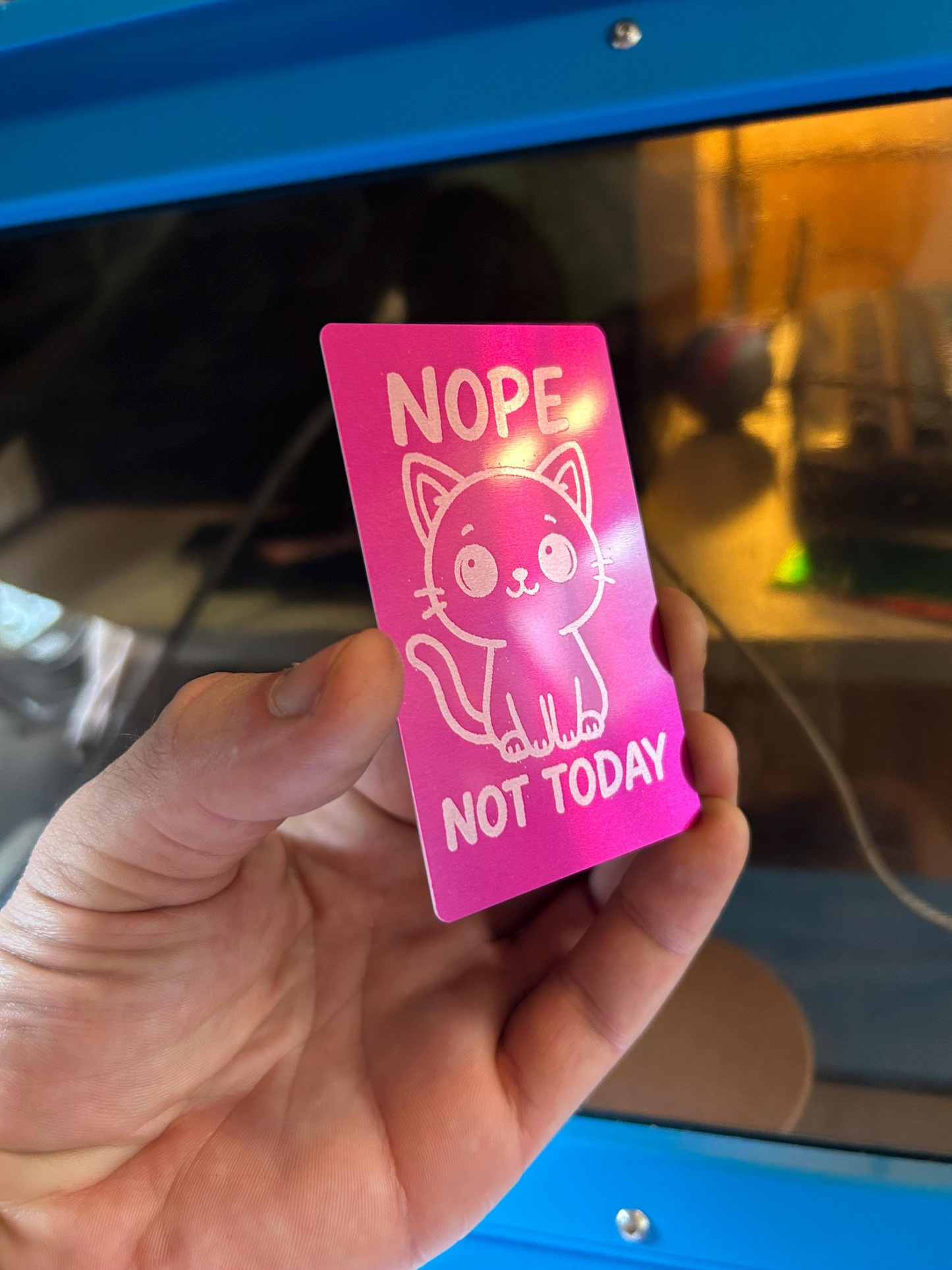 Hand holding a purple/silver metal wallet card with a kitten illustration and text 'NOPE NOT TODAY' in front of a blue vehicle.