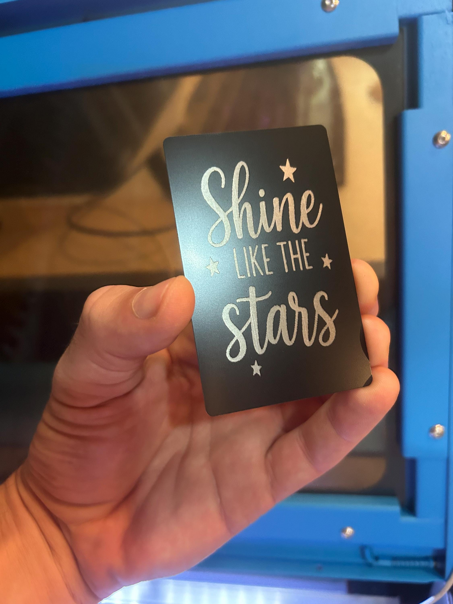 Laser engraved Shine Like The Stars Metal gift card, in matte black/silver anodized aluminum keepsake
