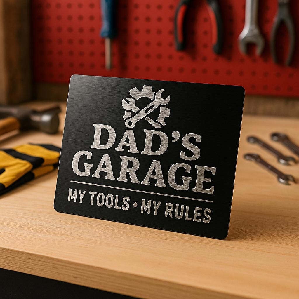 Black/silver metal sign with 'Dad's Garage, My Tools, My Rules' text on a wooden surface with tools in the background.