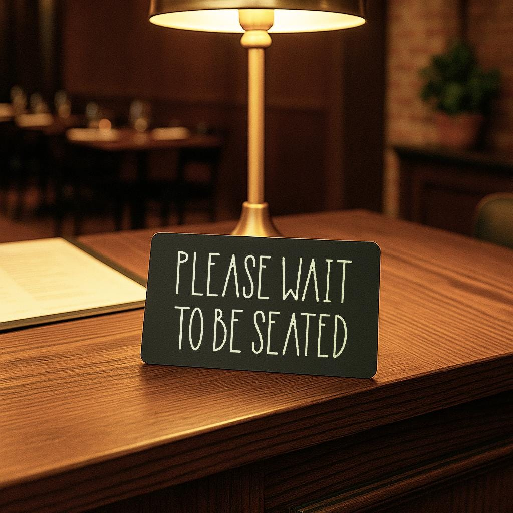 Table with a 'Please Wait to Be Seated' sign in a restaurant setting.