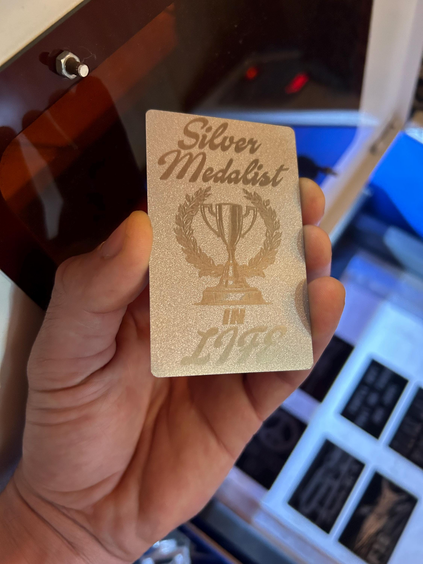 Hand holding a silver plaque with 'Silver Medalist in Life' engraving.