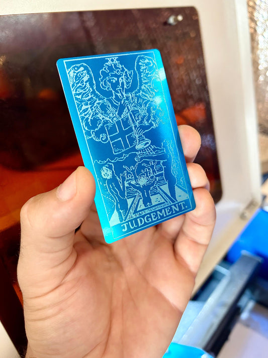 Metal Judgement tarot card in blue/silver anodized aluminum