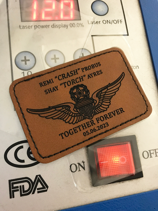 Brown leather patch with personalized commemorative laser engraved text