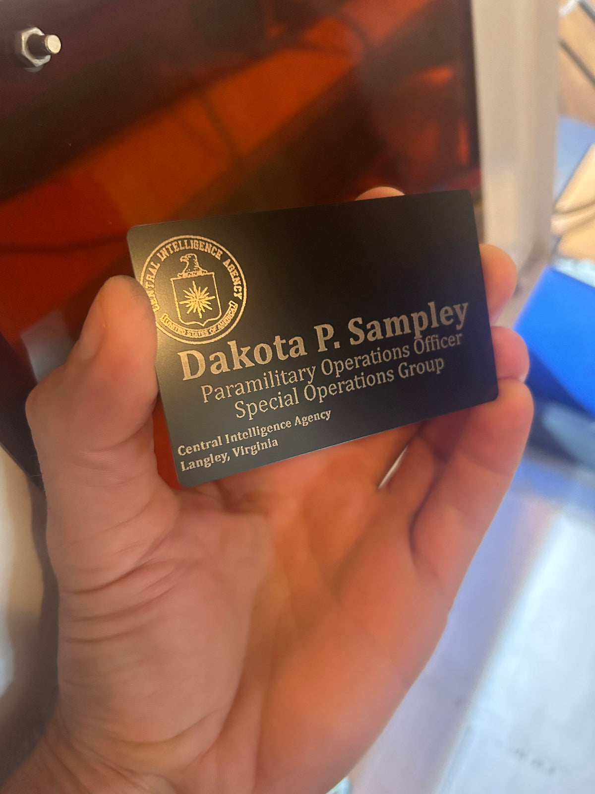 Metal laser engraved CIA agent card with personalized text