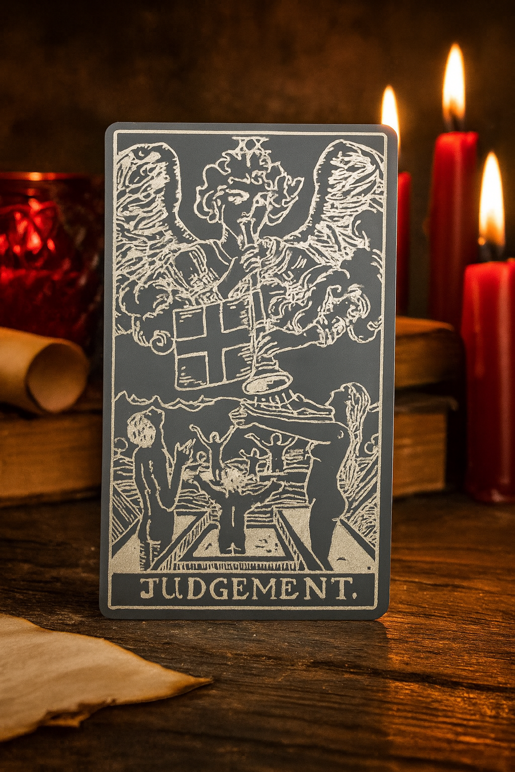 Tarot card titled 'Judgement' with candles and books in the background