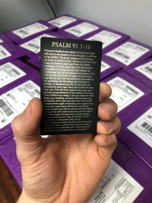 Laser engraved metal bible verse card in black/silver with Psalm 91 1-16 text
