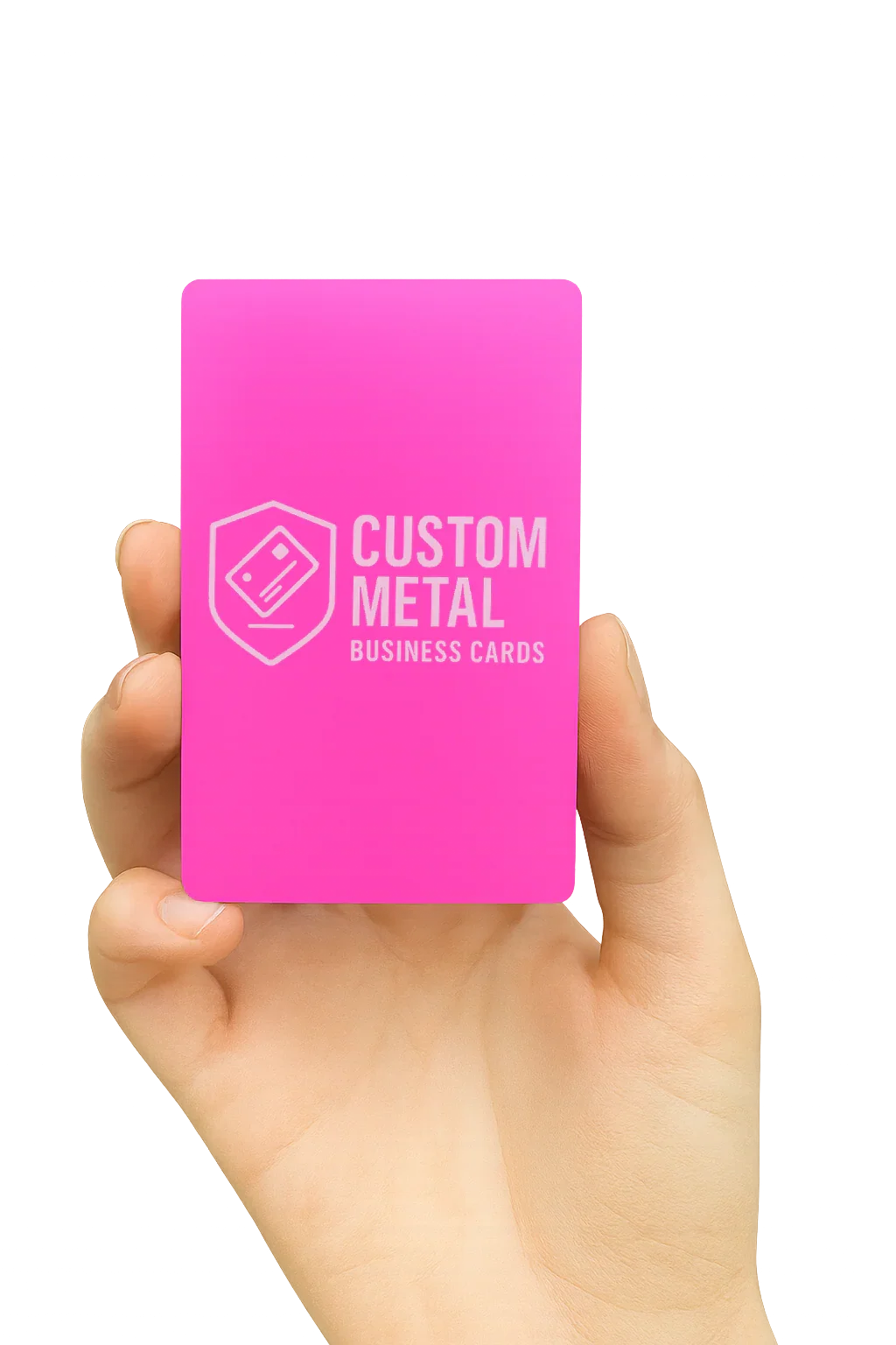 Hand holding a pink card with 'Custom Metal Business Cards' text on a white background