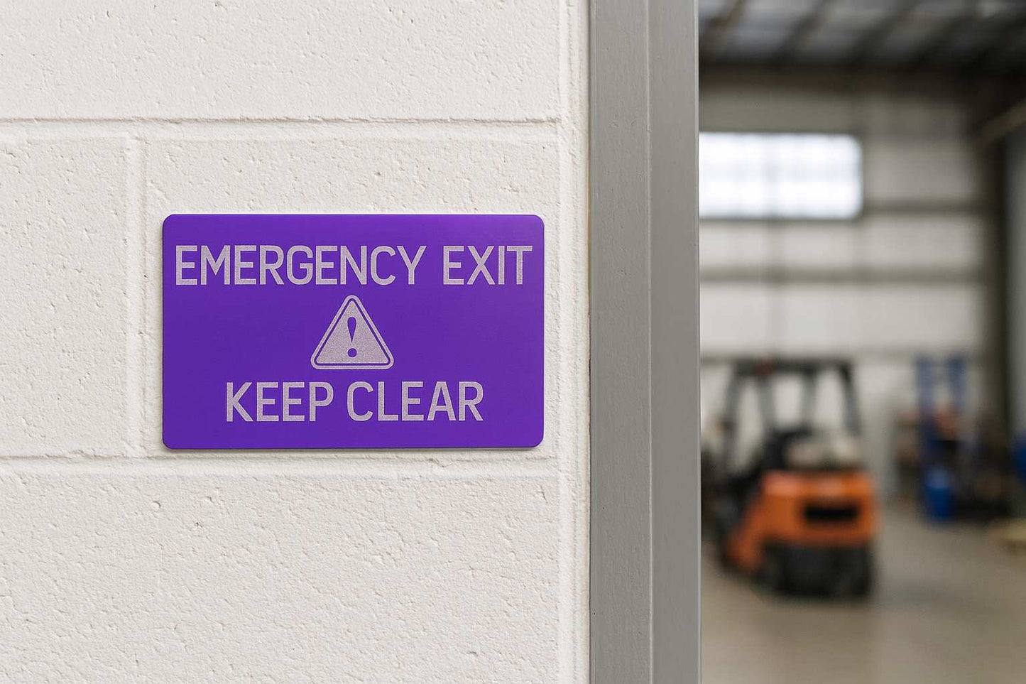 Purple emergency exit sign on a white wall with a blurred warehouse background