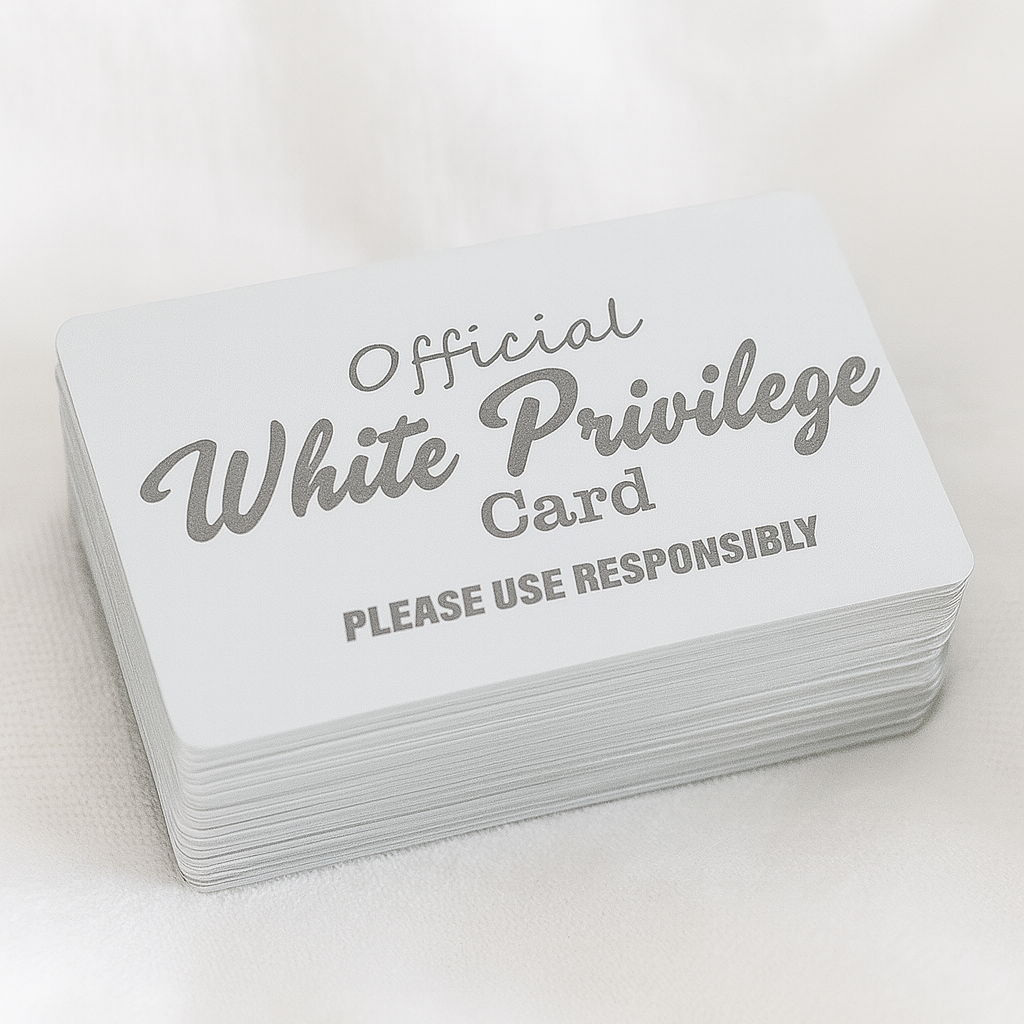 Stack of metal laser engraved cards with 'Official White Privilege Card' text on a white background