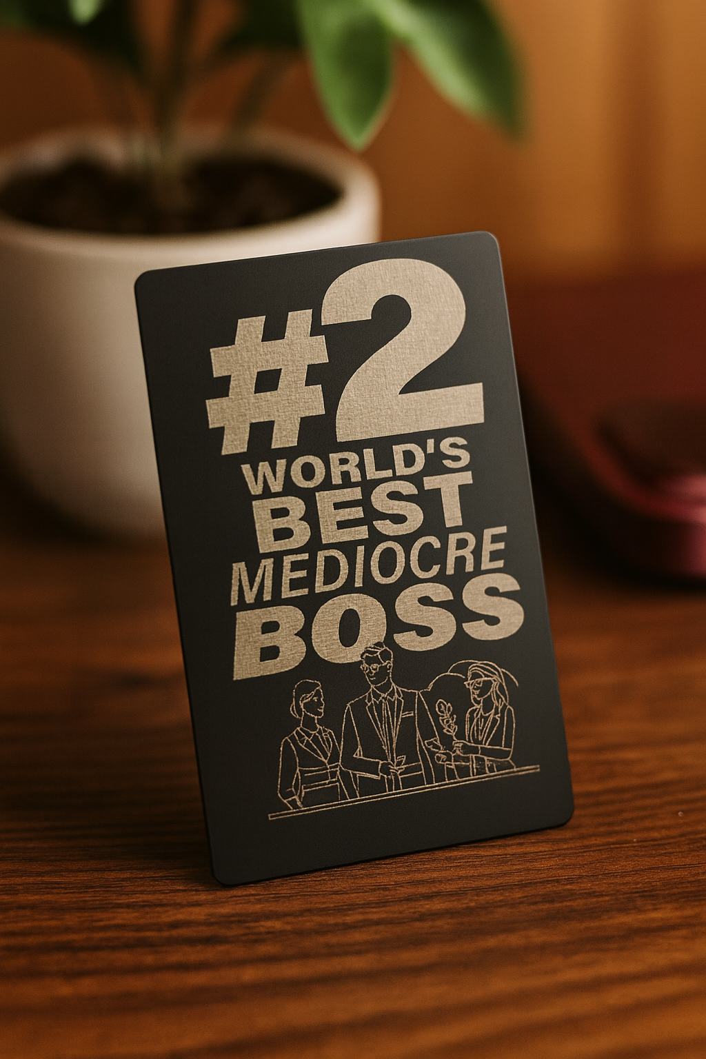 Black card with '#2 World's Best Mediocre Boss' text on a wooden surface with a plant in the background