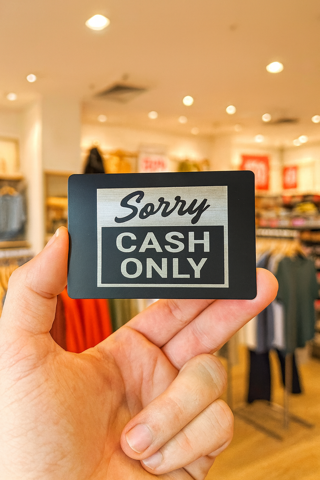 Hand holding a 'Sorry, Cash Only' sign in a retail shopping setting