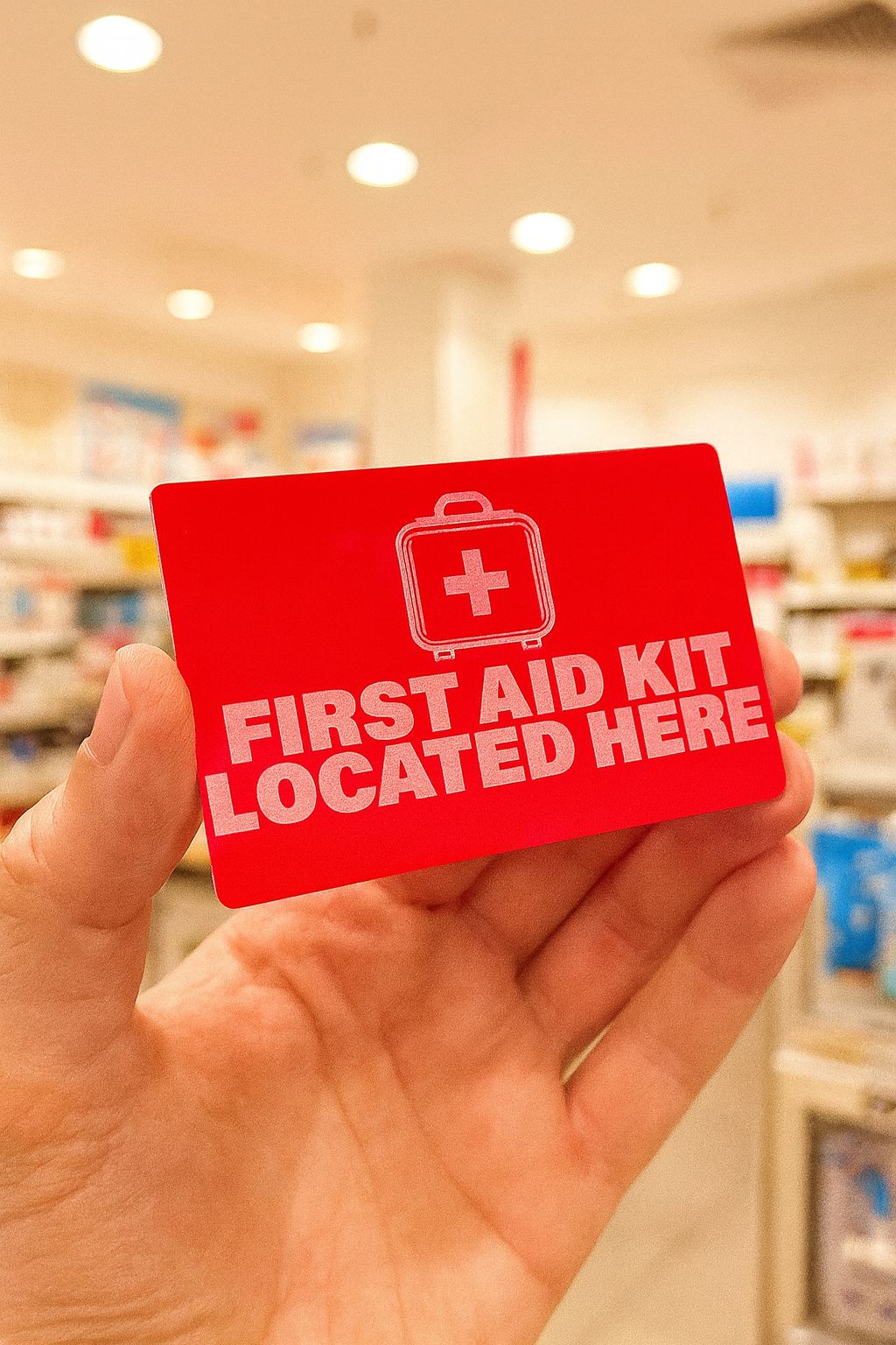 Hand holding a red sign with 'First Aid Kit Located Here' text in a store setting